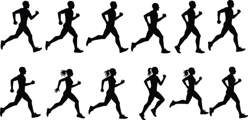 Running silhouette sequence of human motion, athletic poses in black vector for sports, fitness, animation, training, and movement analysis themes