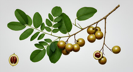 Lepisanthes alata branch with green leaves and round fruits on a white background
