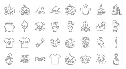 Set of black-outlined Halloween-themed illustrations arranged in a grid on a plain white background. Simple line art icons for spooky designs.