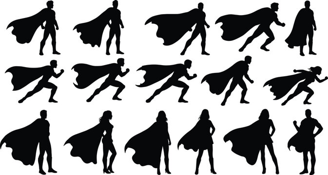 Superhero silhouettes in dynamic action poses with capes, black vector illustration for comics, power, fantasy, animation, and heroic themes