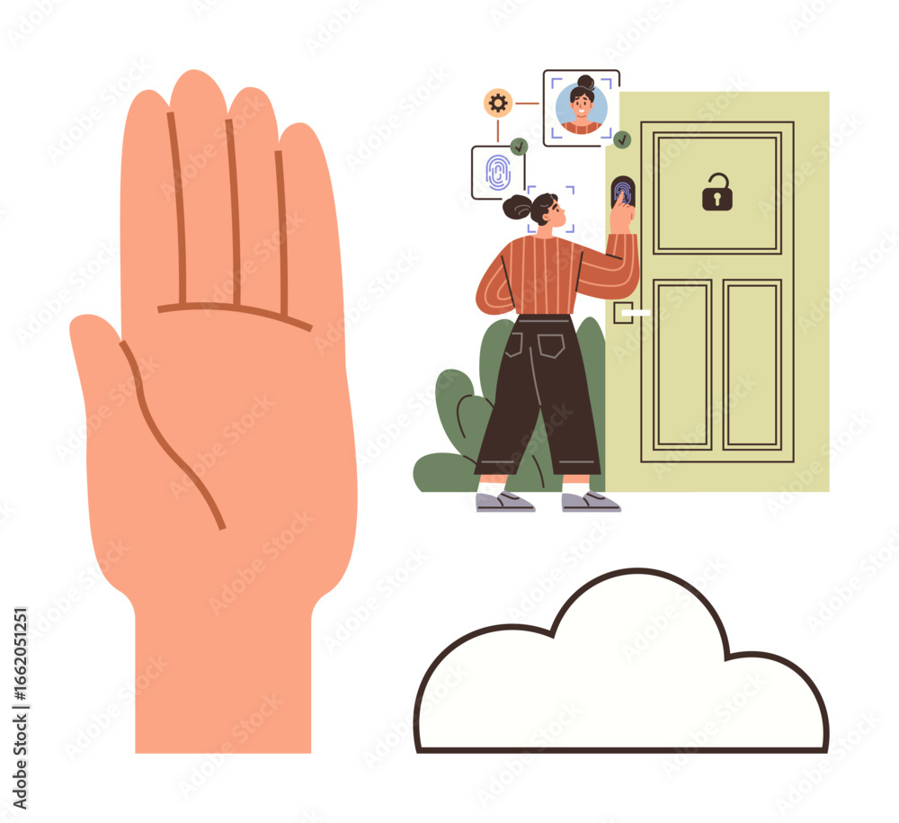 Poster handprint scan, person interacting with smart lock and devices, cloud storage. ideal for security, t