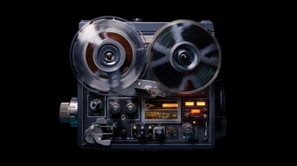 Vintage reel-to-reel tape recorder with spinning reels and illuminated controls against a black backdrop