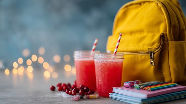 Two pink drinks in jars with notebooks, pencils, and a yellow backpack evoke a vibrant back-to-school vibe.