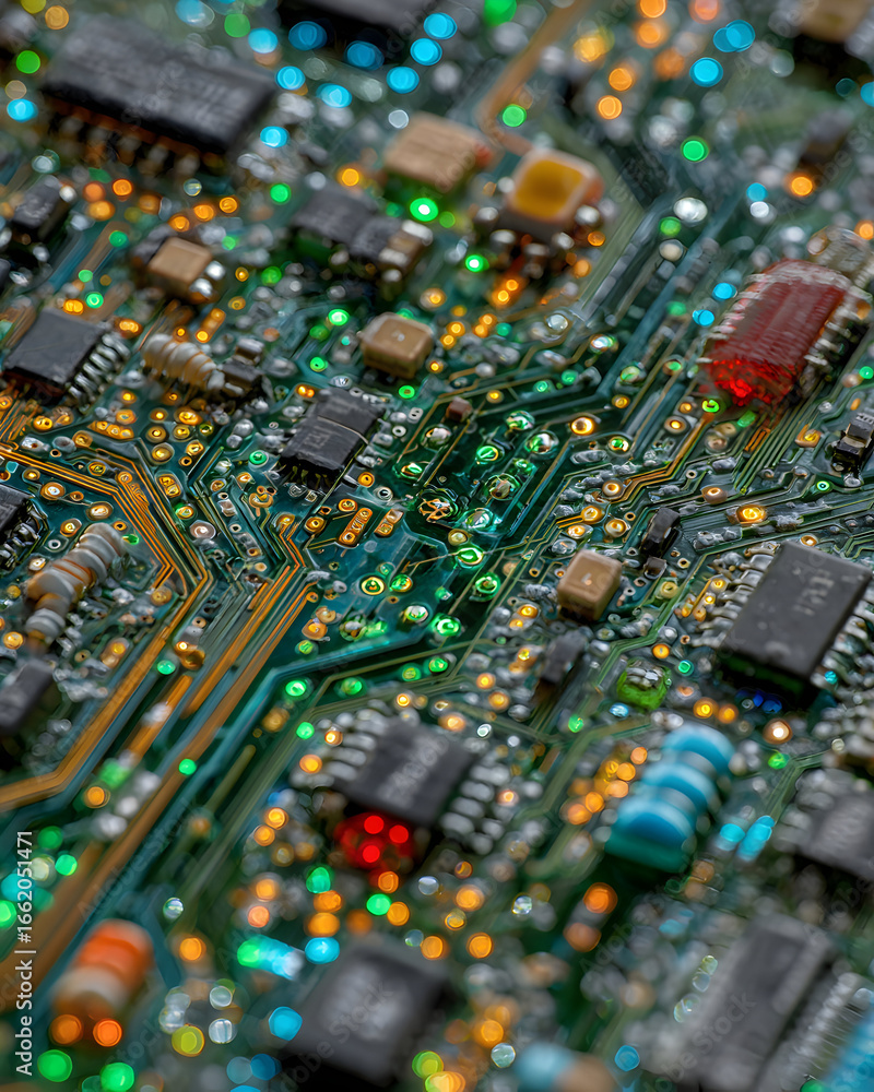 Poster close-up view of a circuit board with various electronic components.