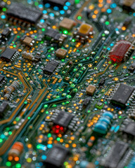 Obraz premium Close-up view of a circuit board with various electronic components.