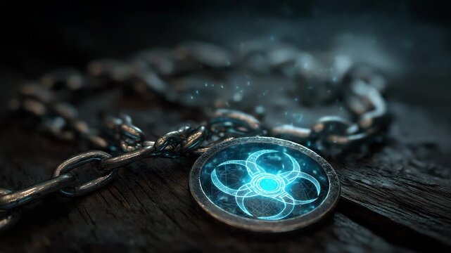 A silver chain with a blue circle on it. The circle is a symbol of a cross. Dark dramatic of chains locking glowing biohazard icon, biosecurity, sci-fi concept