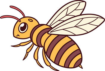 A happy, cute honeybee cartoon with black wings flying to a flower with a yellow stinger