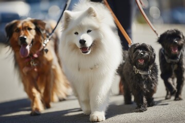 A professional dog walker walking multiple dogs, with one white and large Samoyed in the front, another brown mixed-breed dog on the left side of the woman's hand holding the leash Generative AI