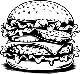 Delicious Burger Illustration in Black and White Classic American Fast Food Detailed Drawing Graphic Design Element Hamburger Sandwich