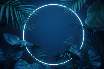 Vibrant blue neon circle glows amidst lush dark tropical foliage in low key lighting
