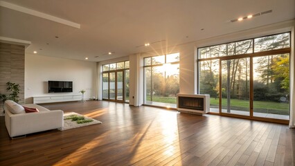 Bright living room with hardwood floors and large windows at sunset