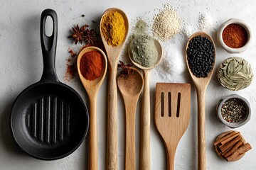 Overhead look revealing kitchenware and seasoning on blank surface
