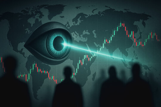 Data Surveillance Concept: A striking digital artwork depicting a watchful eye over global financial markets, highlighting themes of surveillance and financial scrutiny.