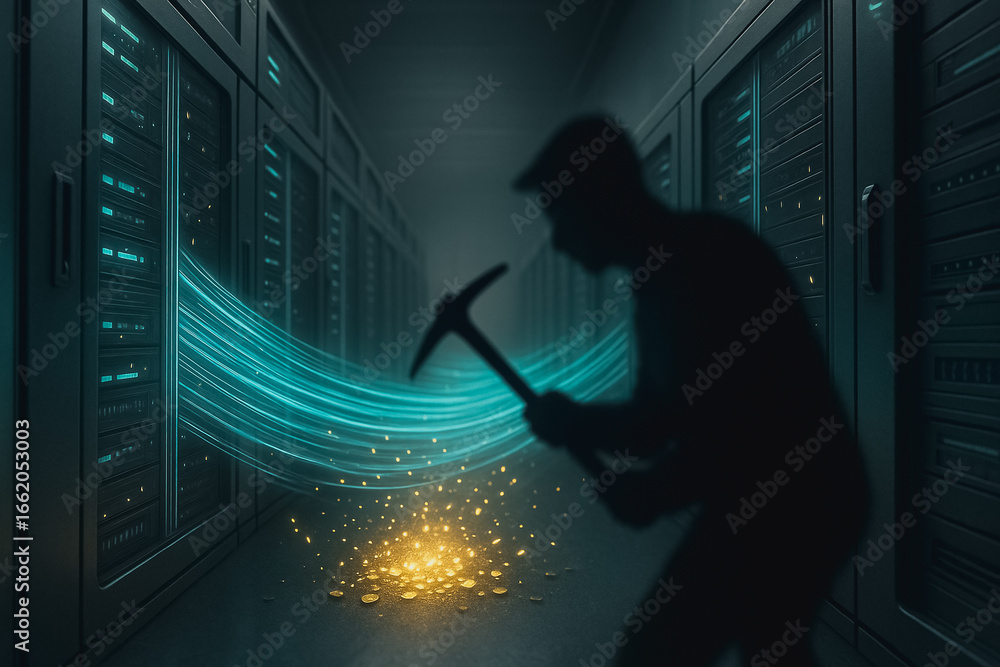 Poster data miner's digital pursuit: a silhouetted figure wields a pickaxe in a server room, unearthing str