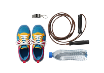 Colorful running shoes, a jump rope, whistle, and water bottle flat lay, showcasing essential gear for an active and healthy lifestyle.