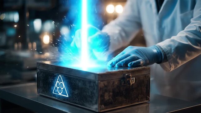 A man in a white lab coat is working on a box with a triangle on it. He is wearing gloves. Faceless scientist sealing metallic lockbox with glowing blue biohazard warning, biosecurity, sterile lab