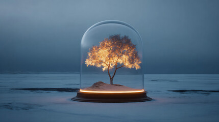 A luminescent tree thrives in a glass dome, radiating light and warmth against a serene backdrop.
