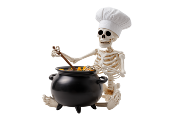 A Halloween skeleton chef cooking in a cauldron, isolated on a transparent background.