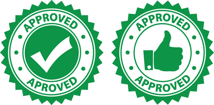 Approved stamps with check mark and thumbs up seal, approved, stamp, seal, badge, icon, symbol, check, mark, tick, thumbs up, yes, ok, confirmation, agreement, success, quality, guarantee, certificati