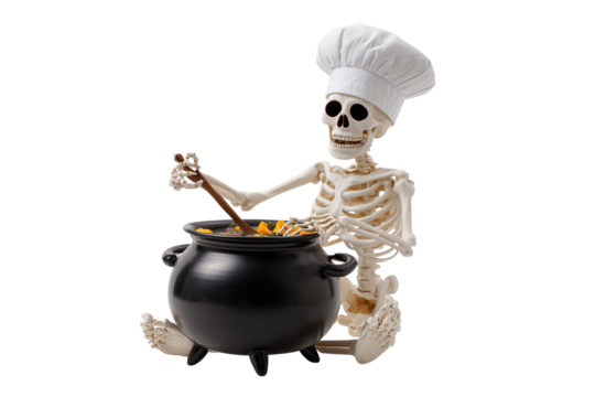 A Halloween skeleton chef cooking in a cauldron, isolated on a transparent background. - Powered by Adobe