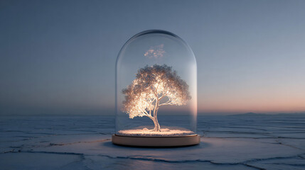 A luminescent tree thrives in a glass dome, radiating light and warmth against a serene backdrop.