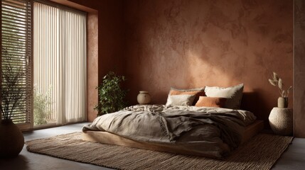 Cozy Minimalist Bedroom with Terracotta Toned Walls and Natural Textures for Serene Atmosphere and Relaxation