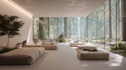 Minimalist Wellness Lounge with Low Modular Seating Surrounded by Serene Nature and Large Glass Windows
