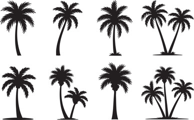 Fototapeta premium Collection of black silhouette palm trees in various arrangements, palm tree, silhouette, black, white, tropical, island, beach, summer, vacation, travel, nature, tree, palm, coconut, foliage, leaves,