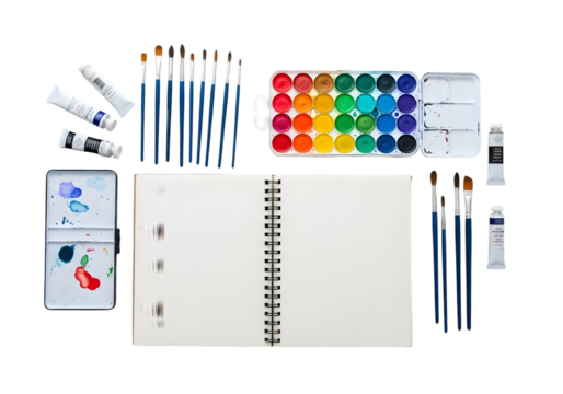 Flat lay of essential art supplies for artistic projects, showcasing a vibrant watercolor palette, assorted paintbrushes, and a blank sketchbook, inspiring creativity.