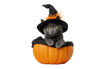 A Halloween witch cat sitting inside a pumpkin, isolated on a transparent background.