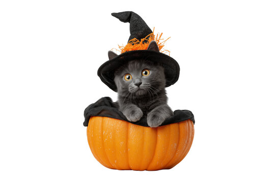 A Halloween witch cat sitting inside a pumpkin, isolated on a transparent background.