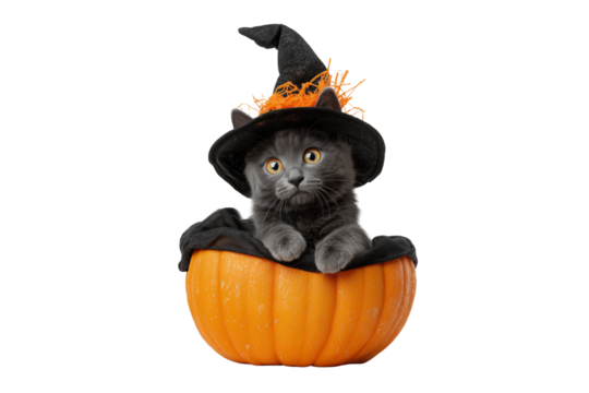 A Halloween witch cat sitting inside a pumpkin, isolated on a transparent background.