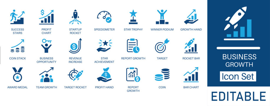 Business Growth and Success icon set. Includes icons for Profit Chart, Startup Rocket, Revenue Increase, and Achievement. Modern flat vector symbols for finance, investment, and successful startups.