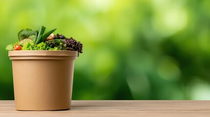 Freshly harvested vegetables in a brown pot on a wooden table with a blurred green background