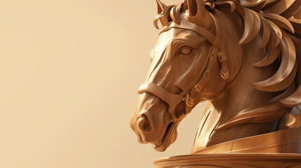 Sculpture of a golden horse on a wooden pedestal, Year of the Horse, space for text.