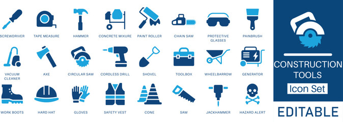 Construction Tools and Building Equipment icon set. Includes Hammer, Drill, Circular Saw, and Hard Hat symbols. Solid glyph vector icons for building, repair, safety, and DIY projects.