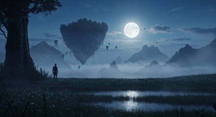 Lone traveler gazing at a mystical moonlit landscape with floating islands and mountains in a dream world