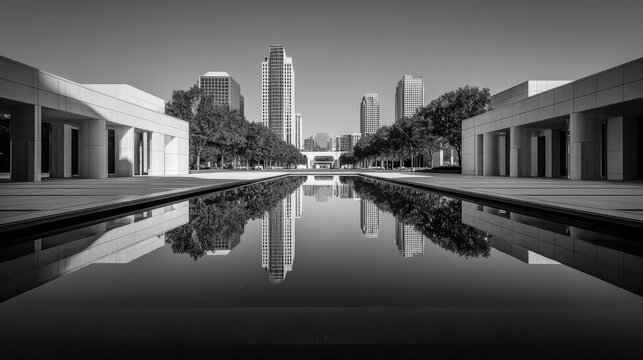 Fototapeta Cityscape Reflection Buildings mirrored in water, minimalist, urban beauty