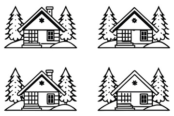 Cozy Cabin in Snow – Line Art