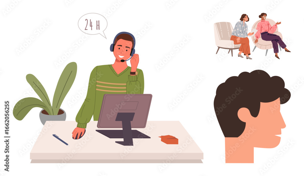 Poster man wearing headset at a desk working on a computer, engaging customers. ideal for customer support,