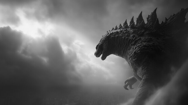 Cinematic silhouette of Godzilla standing amidst a dense, swirling storm of dark clouds and mist. Dramatic backlighting from a single, ethereal light source creates a high-contrast "chiaroscuro" 
