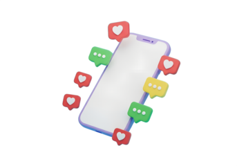 Smartphone with social media notifications and likes isolated on a transparent background mobile