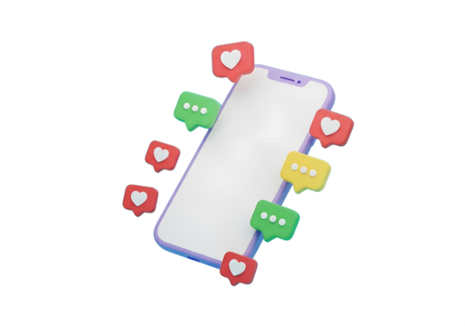 Smartphone with social media notifications and likes isolated on a transparent background mobile