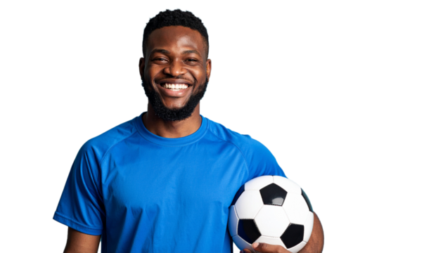 Cheerful smile from an African soccer player in blue on isolated background PNG cut out