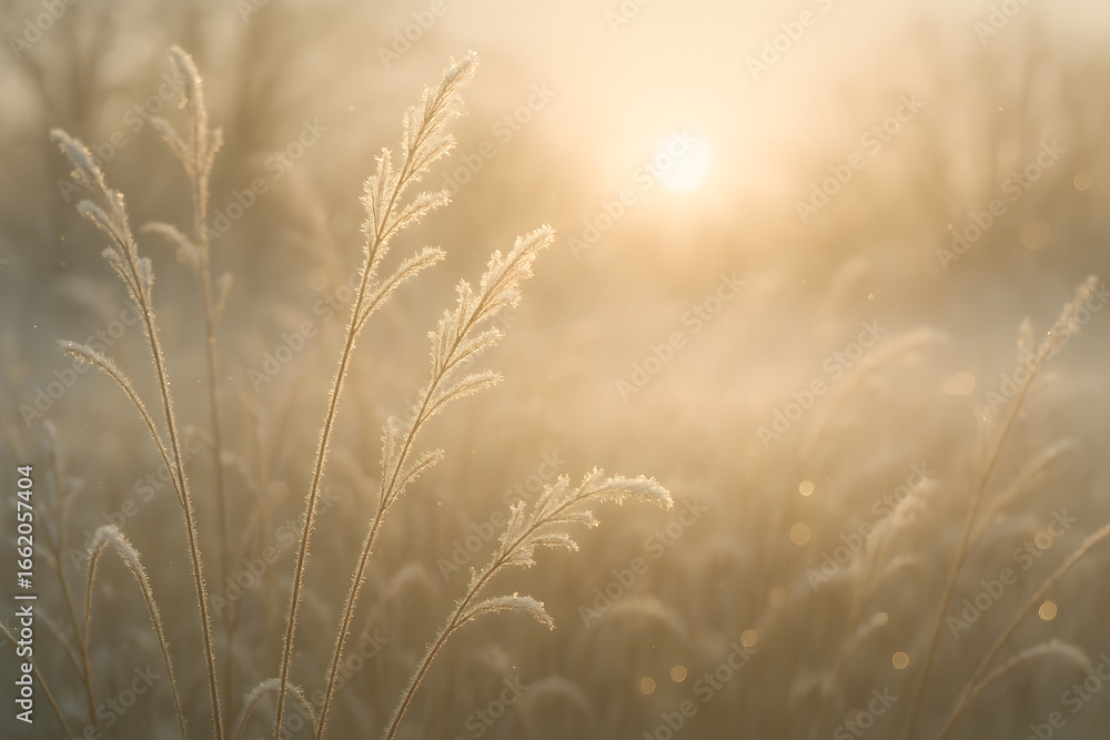 Poster a field of grass with frost on the grass and a sun in the background