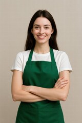 Smiling young woman in green apron and white t shirt standing with arms crossed against neutral background