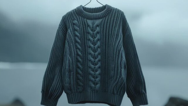 A cozy sweater hangs on a clothesline overlooking the calm waterside, perfect for a relaxing day