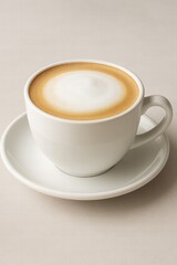 Fototapeta premium White cup filled with frothy cappuccino coffee served on light background top view minimal style