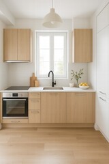 Minimal modern kitchen interior with light wooden cabinets white countertop oven sink and window natural light