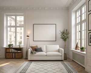 Obraz premium Elegant Living Room Interior Design White Sofa Large Windows Minimalist Decor